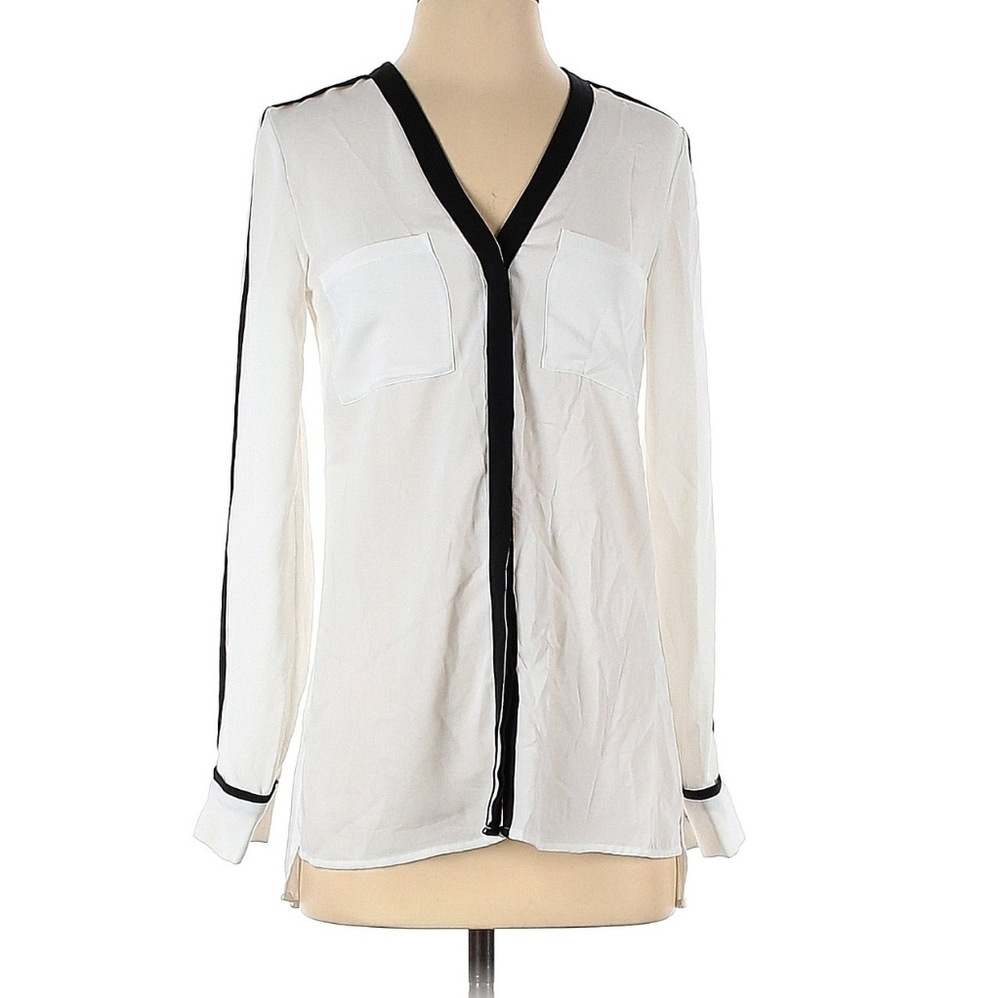 H&M Tall White Tunic Blouse, Long Sleeve Flowy, White with Black Trim
